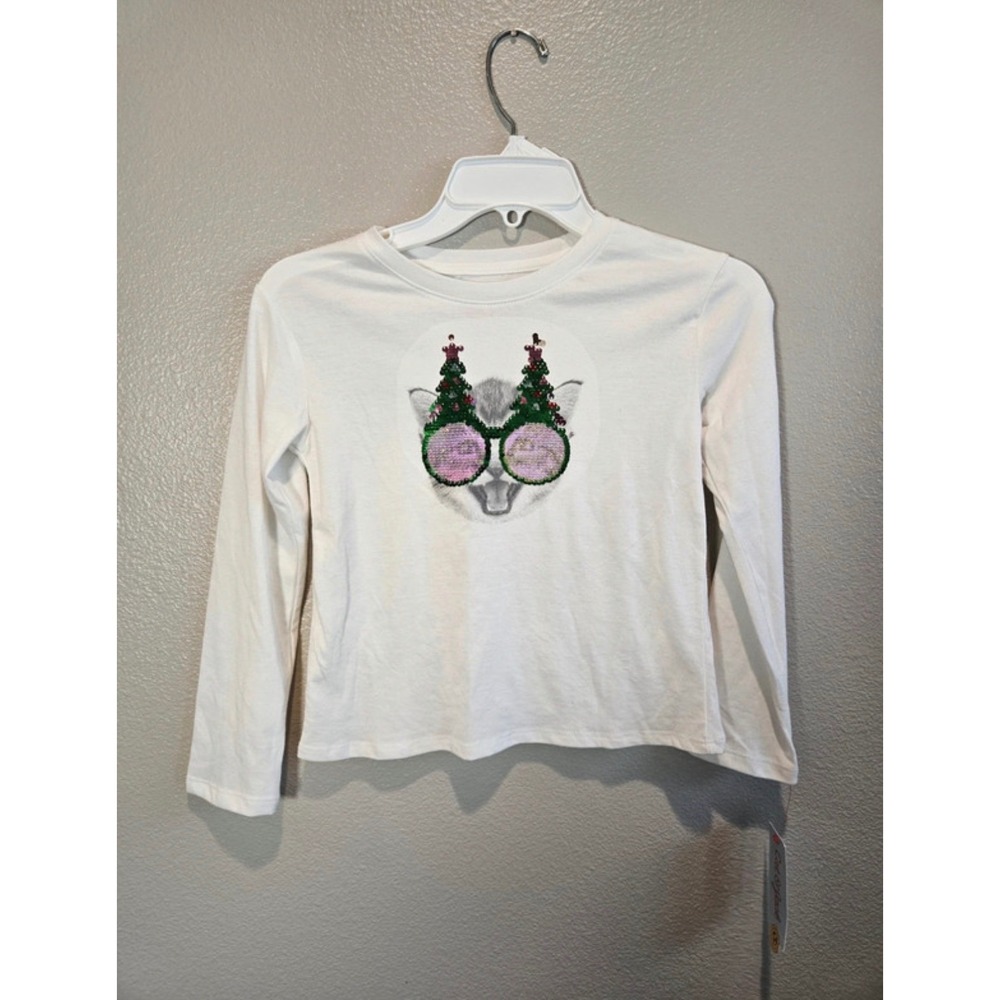 Cat & Jack Girls Cream Christmas Cat Sequin Glasses Long Sleeve Tee S 6/7 NWT
